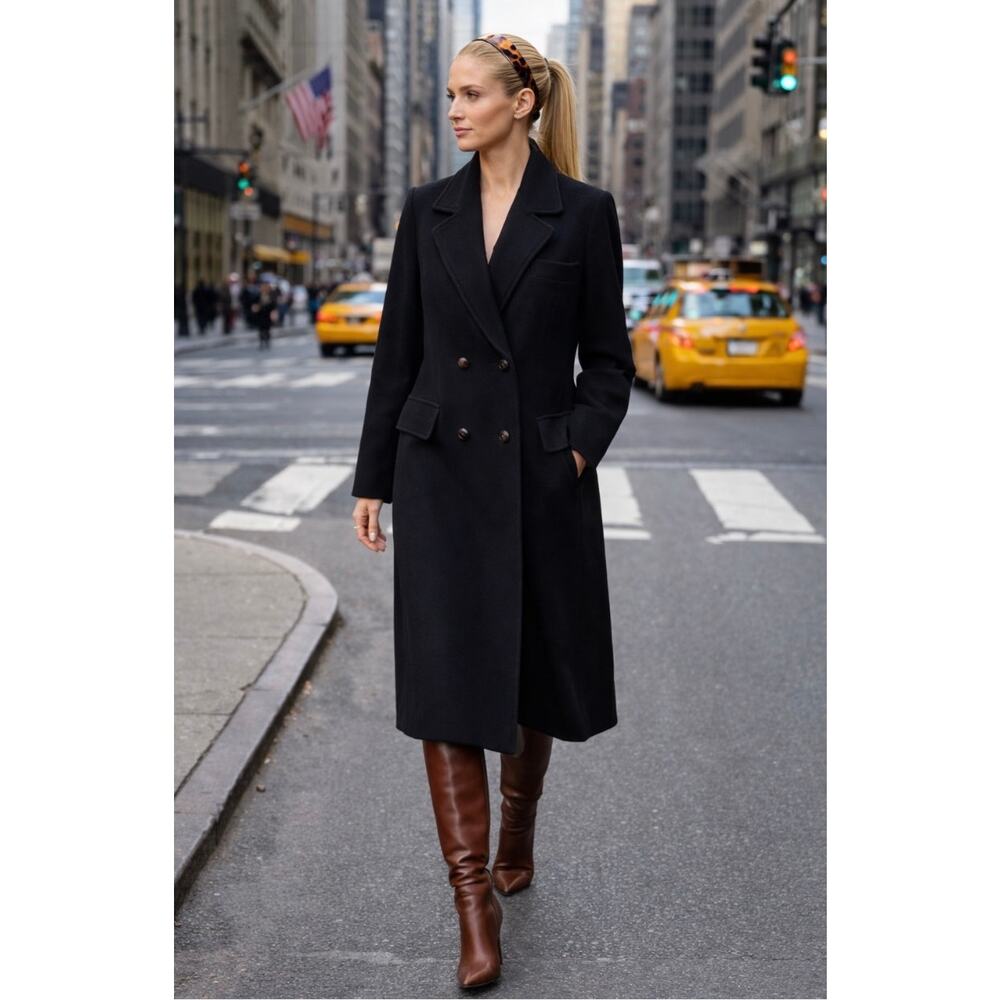 R Henning Black Wool Long Coat Womens Small Vintage USA Tailored Overcoat
